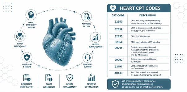 Cardiology Billing Services | Medical Billing Company | Medmax Rcm | Medical Billing Company | Medmax Rcm Illustrated Human Heart with Surrounding Cardiology Icons and a Heart Cpt Codes Table on the Right.